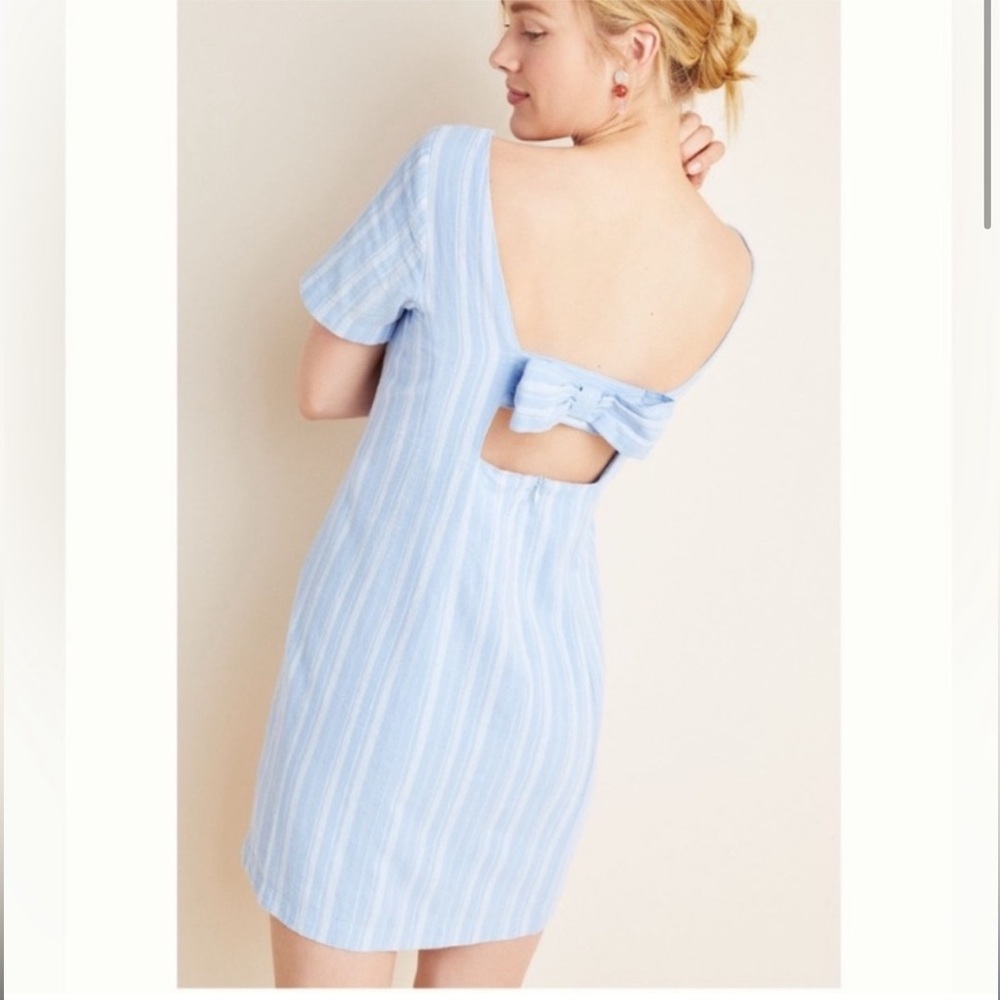 Anthropologie || Cape May Bow Back Dress Linen Blend Blue White Stripe 4 Maeve